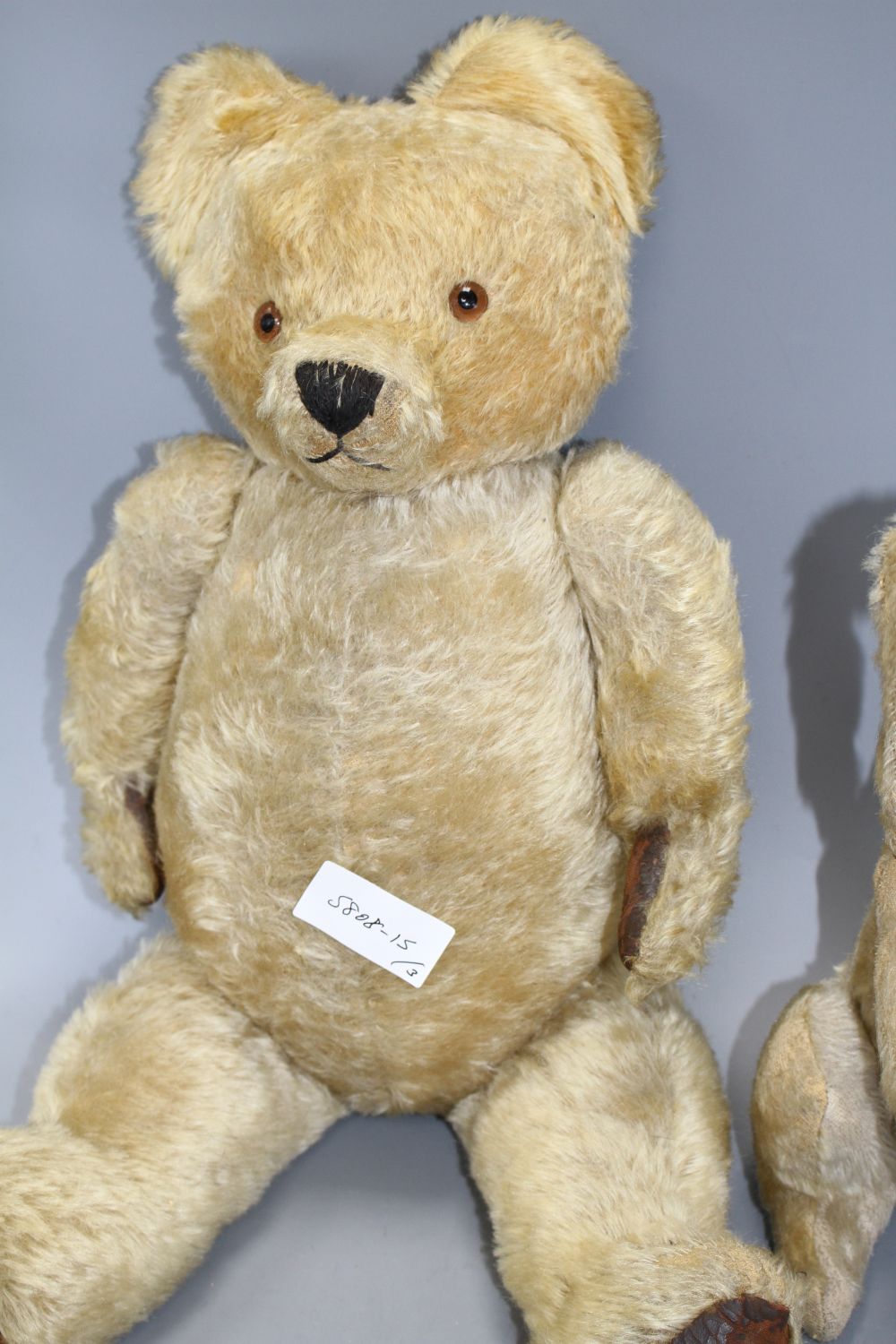 A gold plush teddy bear with plastic eyes, black stitched snout and worn brown leather pads, height 56cm, a smaller later bear, 33cm an